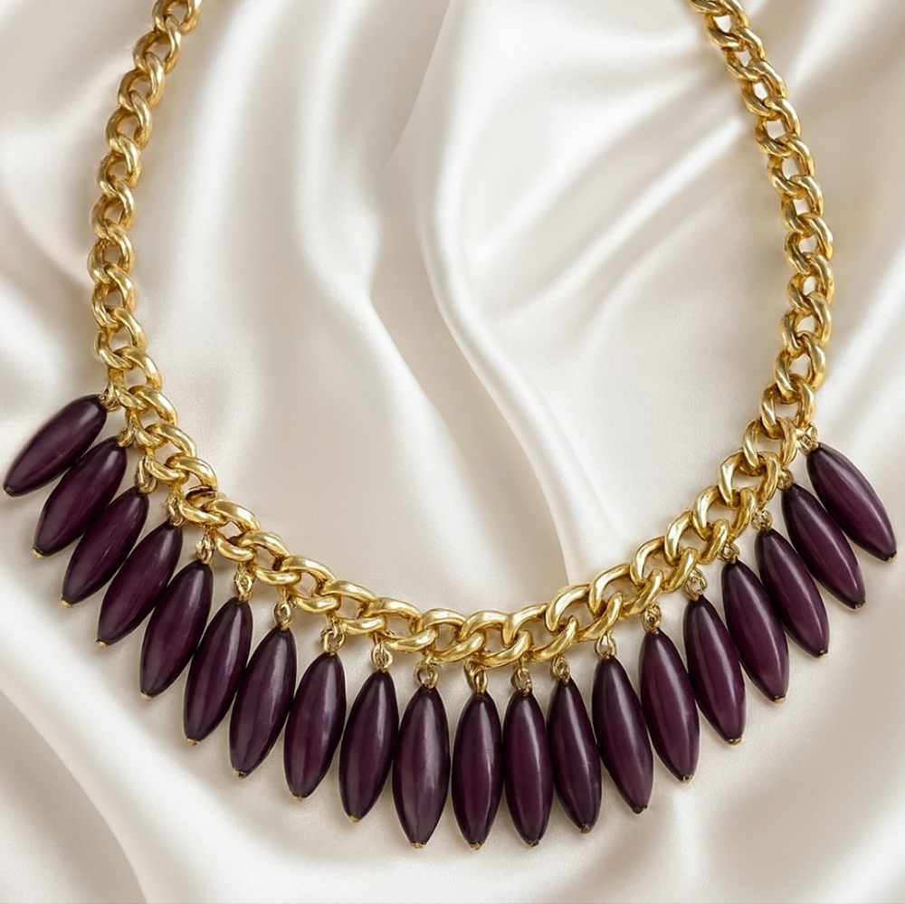 Gold Purple Grape Chunky Beaded Droo Statement Necklace Jewelry